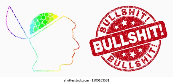 Dot bright spectral open mind mosaic pictogram and Bullshit! seal stamp. Red vector rounded textured seal stamp with Bullshit! caption. Vector collage in flat style.