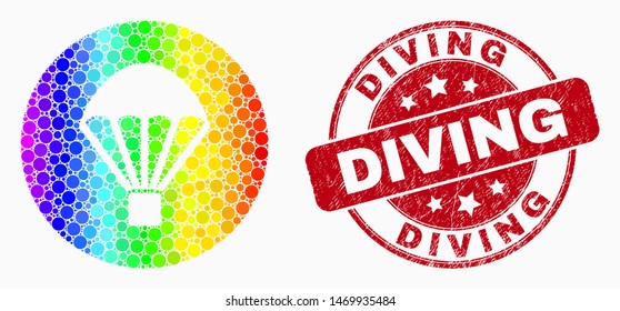 Dot bright spectral parachute mosaic icon and Diving stamp. Red vector round textured seal with Diving text. Vector composition in flat style. Bright gradient parachute mosaic of scattered circles,