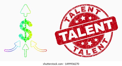 Dot bright spectral payment aggregator mosaic pictogram and Talent seal stamp. Red vector round grunge seal stamp with Talent phrase. Vector combination in flat style.