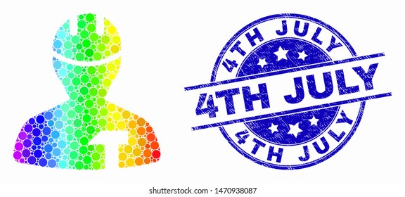 Dot bright spectral repairman mosaic icon and 4Th July stamp. Blue vector rounded grunge seal stamp with 4Th July message. Vector combination in flat style.