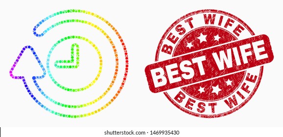 Dot bright spectral rotate clockwise mosaic icon and Best Wife seal stamp. Red vector round distress seal stamp with Best Wife caption. Vector composition in flat style.