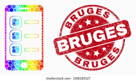 Dot bright spectral smartphone tasks mosaic icon and Bruges seal stamp. Red vector round scratched seal stamp with Bruges text. Vector collage in flat style.
