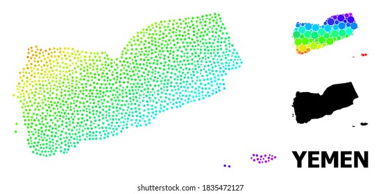 Dot bright spectral, and solid map of Yemen, and black text. Vector structure is created from map of Yemen with circles. Abstraction is useful for political posters. Spectrum gradiented map of Yemen,