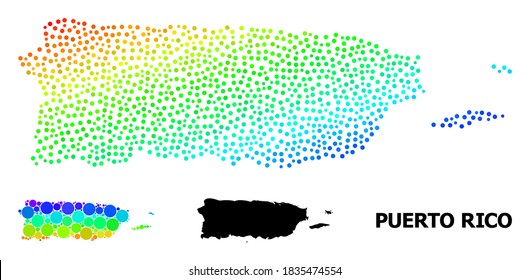 Dot bright spectral, and solid map of Puerto Rico, and black tag. Vector structure is created from map of Puerto Rico with spheres. Abstraction is useful for geographic posters.