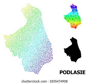 Dot bright spectral, and solid map of Podlasie Province, and black tag. Vector structure is created from map of Podlasie Province with round dots. Abstraction designed for geographic posters.
