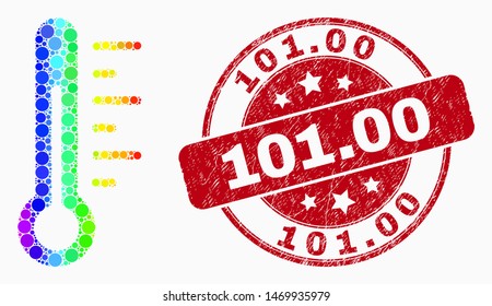 Dot bright spectral thermometer mosaic icon and 101.00 seal. Red vector rounded scratched seal stamp with 101.00 phrase. Vector composition in flat style.