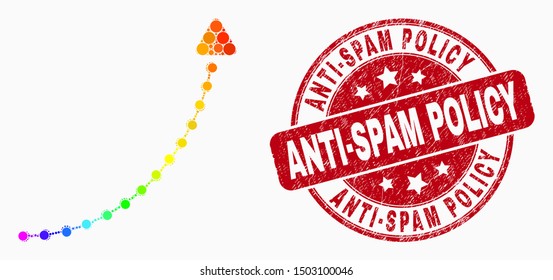 Dot bright spectral up trend arrow mosaic pictogram and Anti-Spam Policy watermark. Red vector round scratched seal stamp with Anti-Spam Policy phrase. Vector composition in flat style.