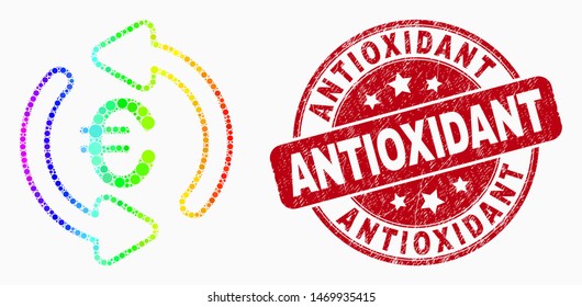 Dot bright spectral update euro mosaic icon and Antioxidant seal stamp. Red vector rounded distress watermark with Antioxidant caption. Vector combination in flat style.