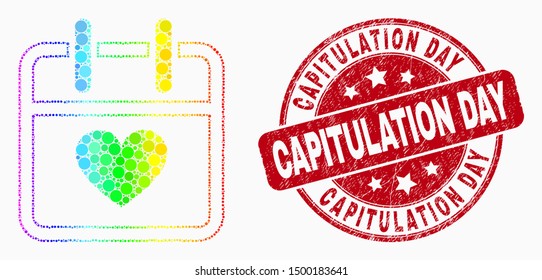 Dot bright spectral valentine calendar page mosaic pictogram and Capitulation Day stamp. Red vector rounded distress seal stamp with Capitulation Day phrase. Vector combination in flat style.