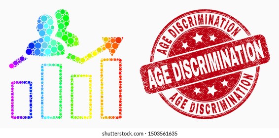 Dot bright spectral visitors bar chart mosaic icon and Age Discrimination seal stamp. Red vector round distress seal with Age Discrimination message. Vector collage in flat style.