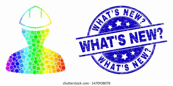 Dot bright spectral worker mosaic icon and What'S New? watermark. Blue vector round scratched stamp with What'S New? caption. Vector composition in flat style.