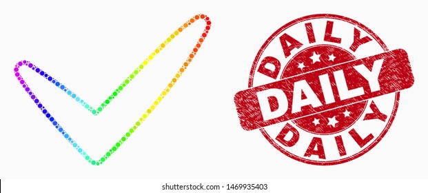 Dot bright spectral yes tick mosaic pictogram and Daily seal stamp. Red vector round grunge seal stamp with Daily phrase. Vector collage in flat style.