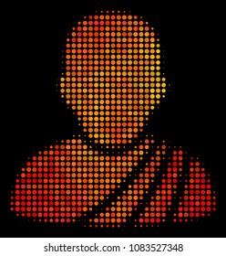 Dot buddhist monk icon. Bright pictogram in fire orange color tinges on a black background. Vector halftone collage of buddhist monk symbol constructed from spheric items.
