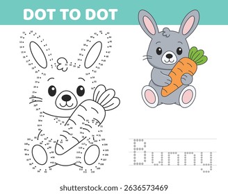 Dot to dot bunny activity page for kids. Connect the dots to reveal a cute bunny illustration. Fun educational worksheet for preschoolers and early learners.