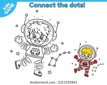 Dot to dot by numbers game for children. Connect the dots and draw a cartoon astronaut boy in space. Educational activity book for kids. Puzzle for preschool and school education. Vector spaceman.