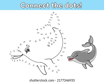 Dot to dot by numbers game. Schließen Sie die Punkte an. Aktivität für Kinder. Lernpuzzle. Cartoon-Meerestier. Cute dolphin.