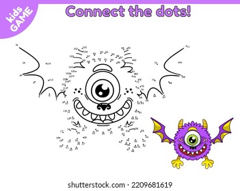Punto a punto por juego de números. Conecta los puntos y dibuja un monstruo de dibujos animados. Juego educativo para niños pequeños, preescolares, kindergarten. Ilustración vectorial.