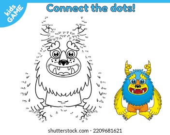 Dot to dot by numbers game. Connect the dots. Activity for children. Educational puzzle. Cartoon monsters. Vector illustration.