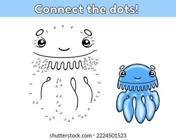 Dot to dot by numbers game. Connect the dots and draw a cute cartoon jellyfish. Educational game for children. Vector illustration.