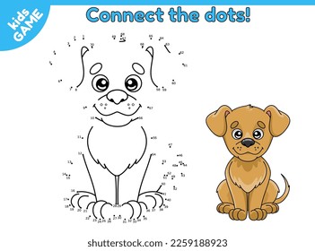 Dot to dot by numbers game. Connect the dots and draw a cute cartoon dog. Activity sheet for children. Educational puzzle for preschool and school kids. Vector illustration of pet.