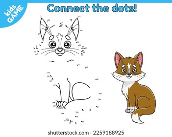 Dot to dot by numbers game. Connect the dots and draw a cute cartoon cat. Activity sheet for children. Educational puzzle for preschool and school kids. Vector illustration of pet.