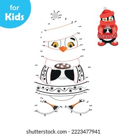 Dot by dot. Penguin in sweater and a cup of cocoa. Educational game for children