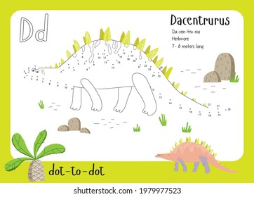 A dot by dot worksheet with dinosaur, name, facts and alphabet letter. Children's riddle.Coloring page for kids. Activity art game. Vector illustration. Set cards a-z dinosaur D. Dacentrurus