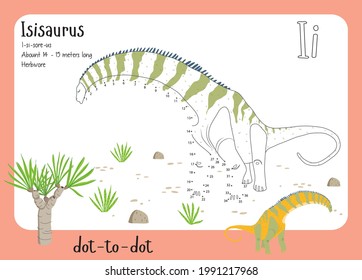 A dot by dot worksheet with dinosaur, name, facts and alphabet letter. Children's riddle.Coloring page for kids. Activity art game. Vector illustration. Set cards a-z dinosaur I. Isisaurus