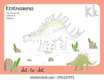 A dot by dot worksheet with dinosaur, name, facts and alphabet letter. Children's riddle.Coloring page for kids. Activity art game. Vector illustration. Set cards a-z dinosaur K. Kentrosaurus