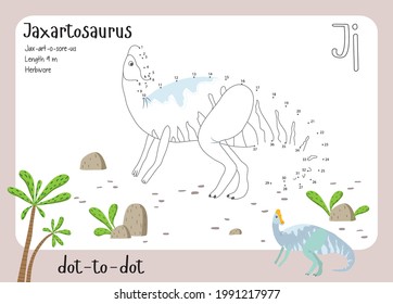 A dot by dot worksheet with dinosaur, name, facts and alphabet letter. Children's riddle.Coloring page for kids. Activity art game. Vector illustration. Set cards a-z dinosaur J. Jaxartosaurus