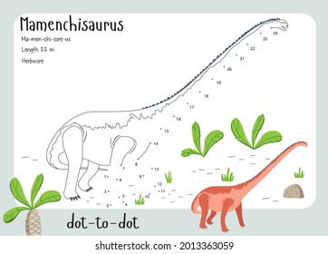 A dot by dot worksheet with dinosaur, name, facts and alphabet letter. Children's riddle.Coloring page for kids. Activity art game. Vector illustration. Set cards a-z dinosaur M. Mamenchisaurus