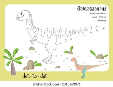 A dot by dot worksheet with dinosaur, name, facts and alphabet letter. Children's riddle.Coloring page for kids. Activity art game. Vector illustration. Set cards a-z dinosaur Q. Qantassaurus