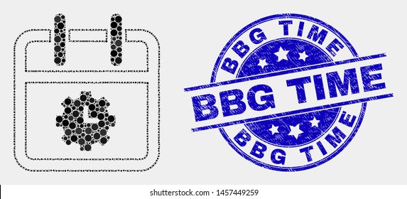 Dot calendar time options mosaic pictogram and Bbg Time seal stamp. Blue vector round scratched stamp with Bbg Time caption. Vector combination in flat style.