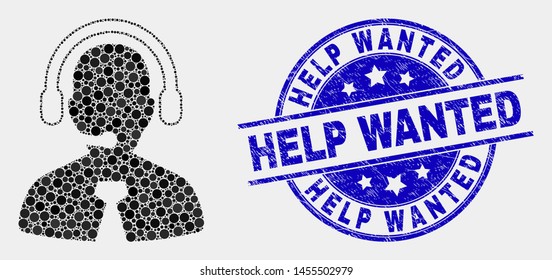 Dot call center manager mosaic icon and Help Wanted seal stamp. Blue vector rounded distress seal stamp with Help Wanted title. Vector combination in flat style.