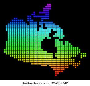 A dot Canada Map. Vector geographic map in bright spectrum colors on a black background. Multicolored vector abstract collage of Canada Map constructed of square dots.