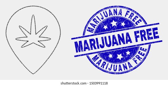 Dot cannabis map marker mosaic pictogram and Marijuana Free seal stamp. Blue vector round scratched stamp with Marijuana Free caption. Vector collage in flat style.