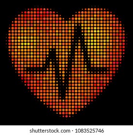 Dot cardiology icon. Bright pictogram in fire color tones on a black background. Vector halftone pattern of cardiology symbol made from circle elements.