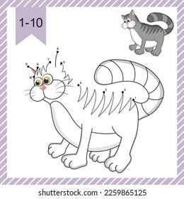 Dot to dot. Cat. Logic Game and Coloring Page with answer. Connect the dots by numbers and finish draw the cartoon cute Kitten. Simple education worksheet for baby practicing count numbers to 10.