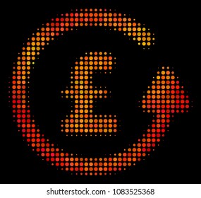 Dot chargeback pound icon. Bright pictogram in fire color tinges on a black background. Vector halftone mosaic of chargeback pound pictogram composed from circle elements.