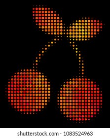 Dot cherry icon. Bright pictogram in fire orange color tones on a black background. Vector halftone mosaic of cherry pictogram designed with round points.