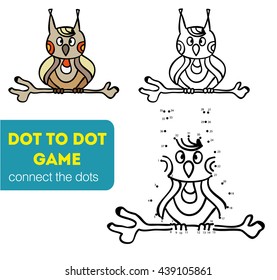 Dot to dot children game. Coloring and dot to dot educational game for kids. Cartoon character. Funny owl