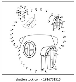 Dot to dot children game. Kids worksheet. Coloring activity page. Connect drawing fairy house mushroom. 
