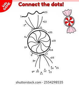 Dot to dot Christmas game for children. Connect the dots by numbers and draw a cartoon Xmas striped red candy. Educational puzzle for kids. Activities book. Vector illustration of the New year caramel