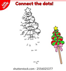 Dot to dot Christmas kids game. Connect the dots by numbers and draw a cartoon Xmas striped lollipop. Educational puzzle for children. Activities book. Baby vector illustration of the New year caramel