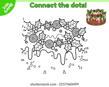 Dot to dot Christmas kids game. Connect the dots by numbers and draw a Xmas bundt cake decorated mistletoe, cinnamon, orange. Holiday baking. Activities book. Educational puzzle for children. Vector.