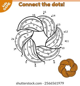 Dot to dot Christmas kids game. Connect the dots by numbers. Kringle or pretzel is traditional holiday Xmas dessert in Estonia, Northern Europe. Puzzle for education children. Activities book. Vector.