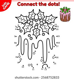 Dot to dot Christmas kids game. Connect the dots by numbers. Xmas bundt cake in pink glaze decorated mistletoe. Holiday sweet baking. Puzzle for education children. Educational activities book. Vector