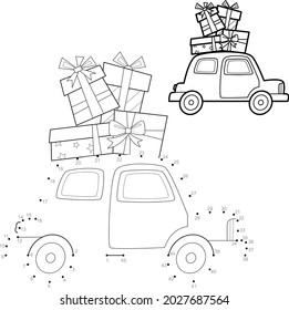 Dot to dot Christmas puzzle for children. Connect dots game. Car and gifts vector illustration