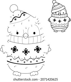 Dot to dot Christmas puzzle for children. Connect dots game. Christmas penguin vector illustration