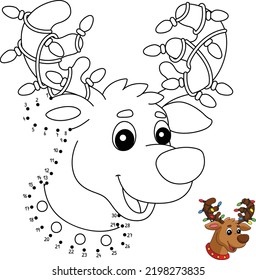 Dot to Dot Christmas Reindeer Head Coloring Page